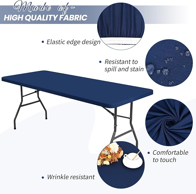 6 Pack Stretch Fabric Table Top Cap Cover, fits 8Ft Tables, Spandex Table Covers Washable Elastic Universal Rectangle Tablecloth Protector for Outdoor Party Picnic Wedding, Navy Blue, 30" W x 96" L