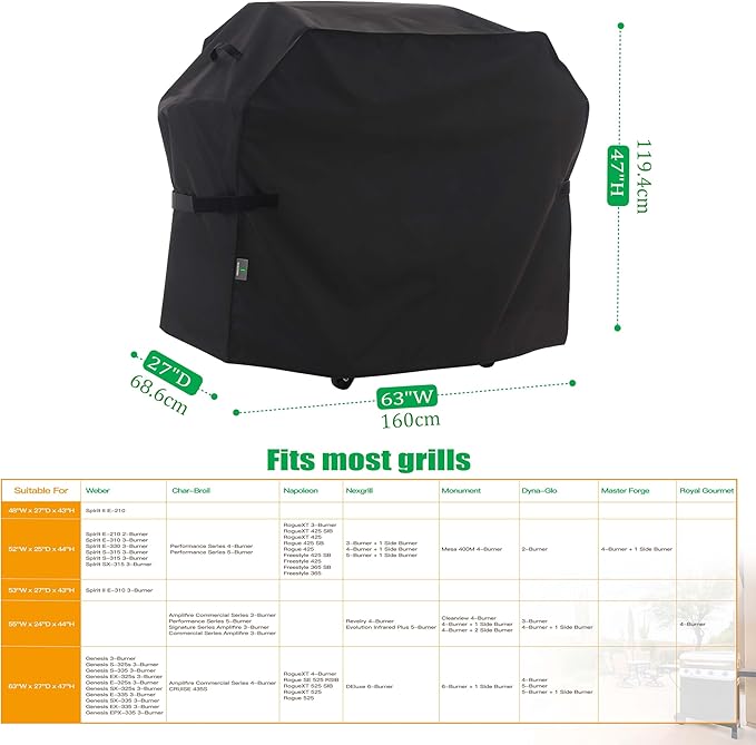 F&J Outdoors Waterproof Anti-UV 3-4-5-6 Burner (+1 Side Burner) Gas BBQ Grill Cover, 63Wx27Dx47H in