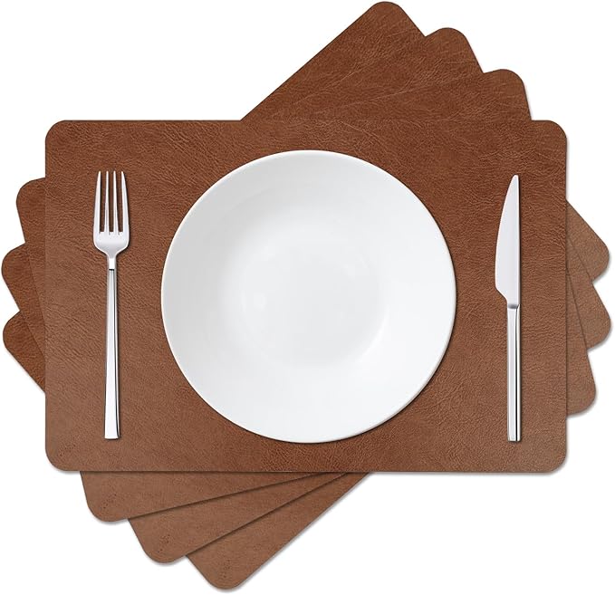 Cowhide Pattern Faux Leather Placemats Set of 4,Heat Resistant Non-Slip Waterproof Wipeable Washable Kitchen Dining PU Table Place Mats,Double-Sides Available,Dark Coffee