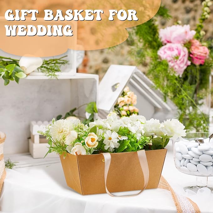 Tuanse 30 Pcs Basket for Gift Empty DIY Bulk Gift Basket Kit with Handle Kraft Cardboard Tray with 30 Bag 30 Bow Market Tray for Wedding Party(Brown,9.8 x 6.5 x 4.3 in)
