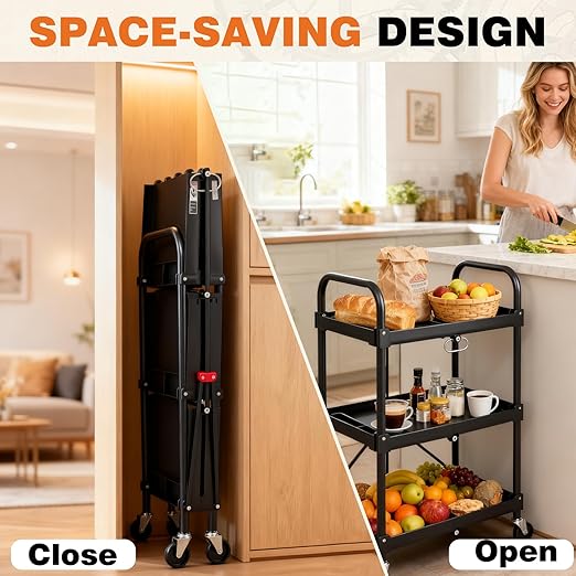 DUMOS 3-Tier Folding Utility Cart, Collapsible Service Cart with 4 Swivel Wheels & Brakes, 120LBS Capacity & Collapsible Storage Rolling Cart for Kitchen, Office, Garden, Garage, Black