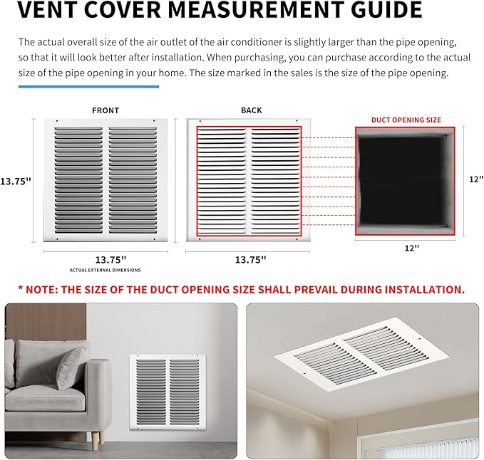 12x12 Return Air Grille(Duct Opening Size),Air Return Vent Cover,Flat Vent Cover,Rejillas De Aire Acondicionado para Casa,Return Air Grilles,Outer Dimensions:13.75"Wx13.75"H(12"Wx12"H, Duct Opening)