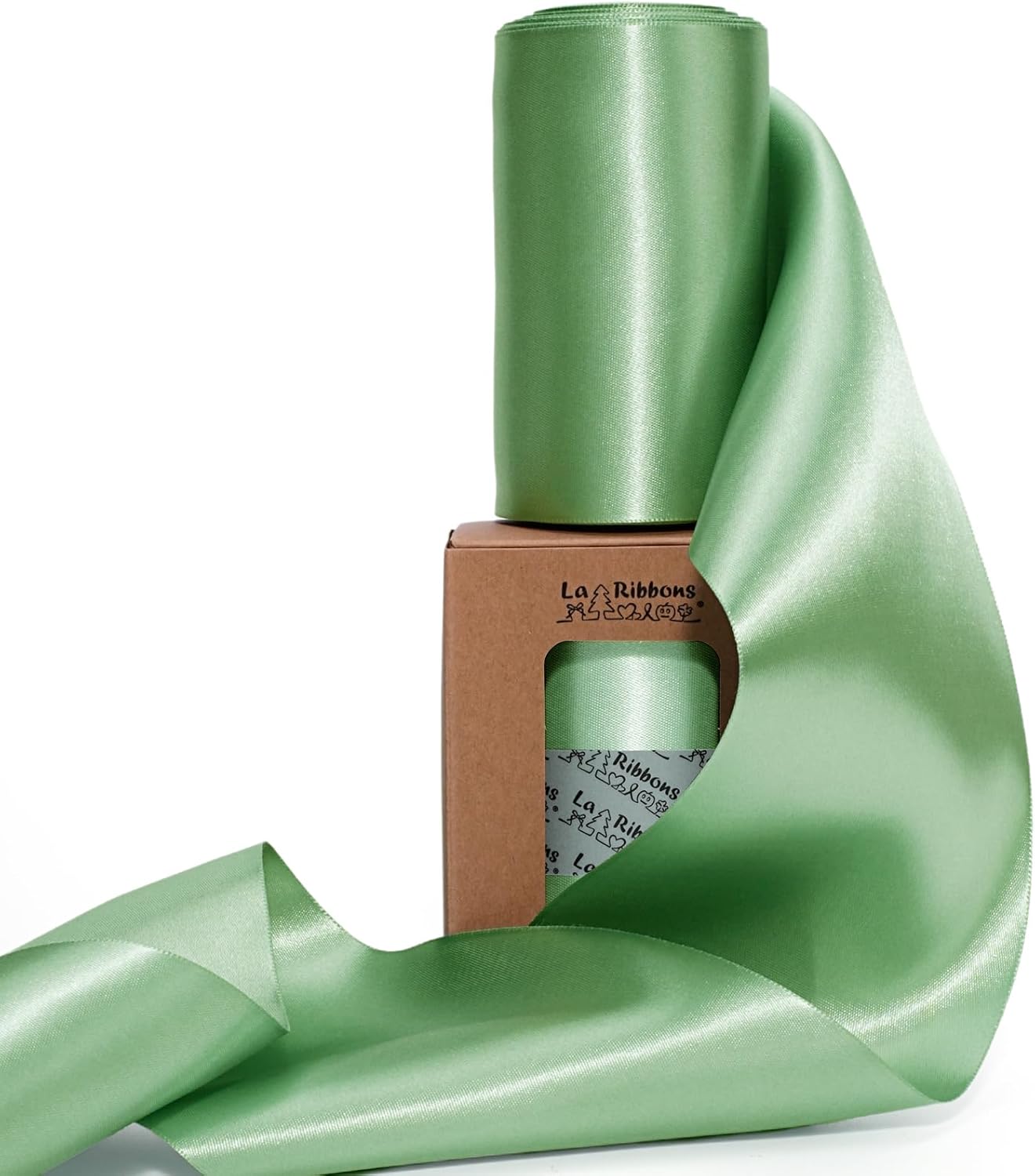 LaRibbons Sage Green Satin Ribbon 4 Inch 10 Yards Double Faced Luxury Light Green Silk Ribbon for Gift Wrapping Flower Bouquets Bow Christmas Wedding Party Decoration
