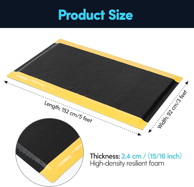 3 x 5 FT Anti Fatigue Mats Industrial 15/16 Inch Thick Soft Sponge Ergonomic Mat Durable Heavy Duty Diamond Plate Work Mat for Standing Non Slip Industrial Grade Floor Mat for Leg & Back Pain