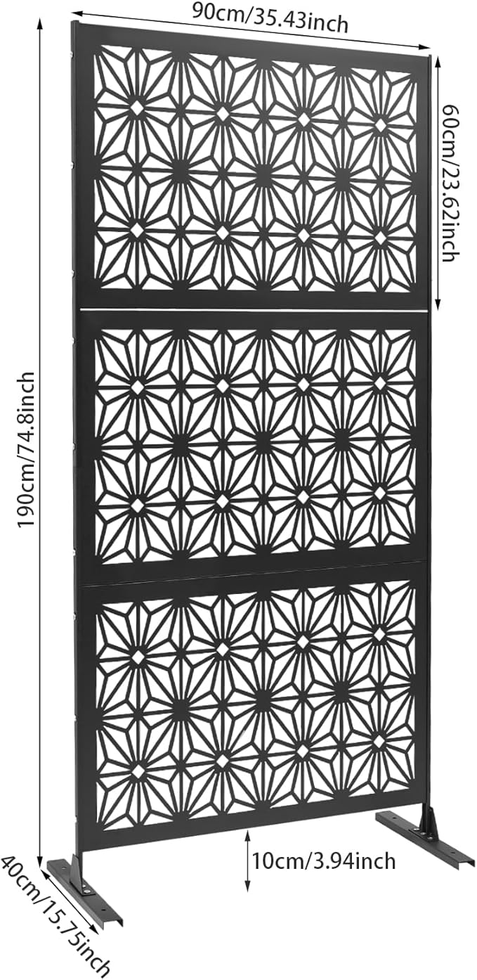 75" H×35" W Decorative Outdoor Privacy Screen with Stand, Outdoor Decor Privacy Fence Screen Metal Fence Panels, Free Standing Metal Divider for Patio Lawn Deck (Black-Snowflake)