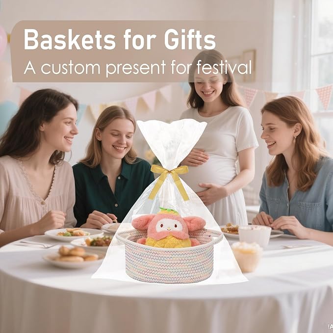 Woven Basket,Small Rope Storage Bin with Handles & Ribbon Bag, Organizer for Shelves Closets,Gift Basket Empty for Birthday,Books,Dog Toys, Colorful