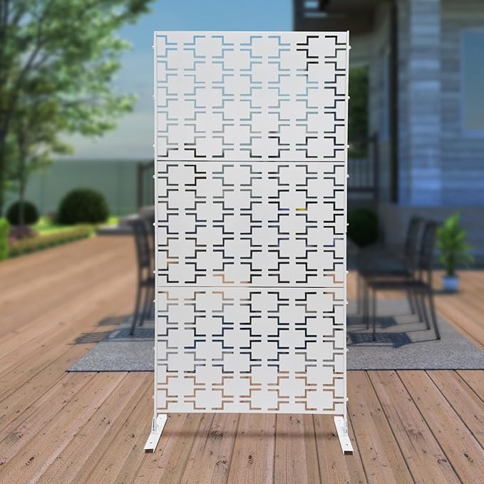 Outdoor Metal Privacy Screen with Stand, 35.4" W x 75" H Freestanding Metal Slatted Decorative Privacy Screen and Panels for Patio Garden Balcony Porch (White Rectangular)