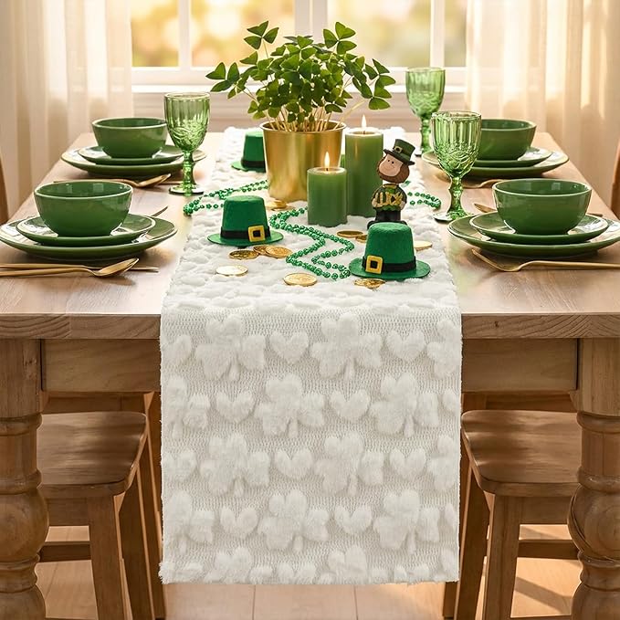 Artoid Mode White Soft Plush Faux Fur Jacquard Heart Clover St. Patrick's Day Table Runner, Seasonal Kitchen Dining Table Decoration for Home Party Decor 13x48 Inch