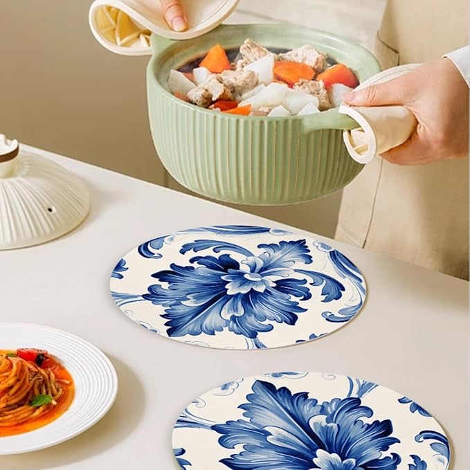 Faux Leather Placemats Set of 4,Watercolor Blue and White Porcelain Patterns Round Ding Table Placemat Heat-Resistant Waterproof Non-Slip Place Mats for Uitable for Indoor & Outdoor,13inch