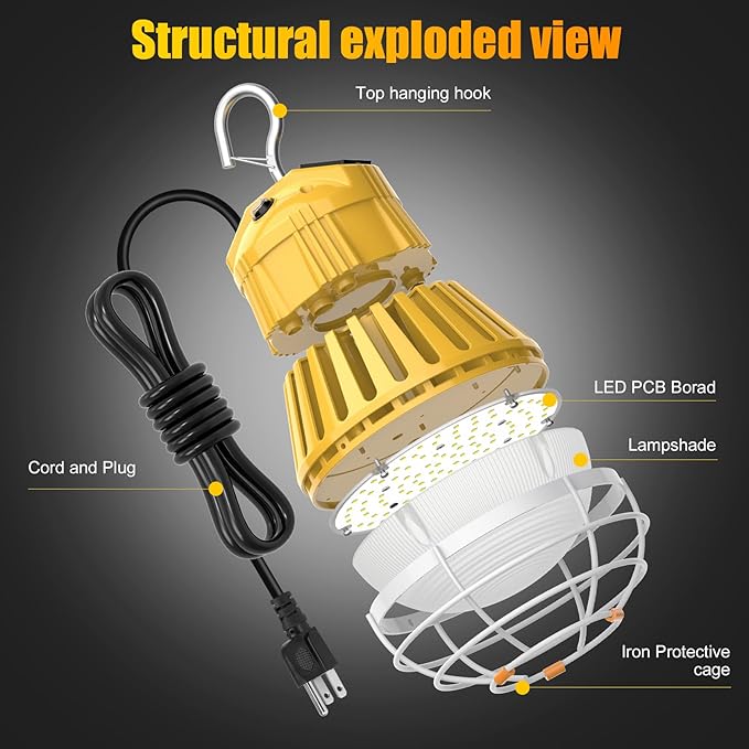 LED Temporary Work Light 80W, 10400LM 5000K Portable Hanging Construction Light with 10ft Cable Plug and Sturdy Hooks Linkable LED Work Light for Job Site Lighting, Workshop, Garage ETL Listed