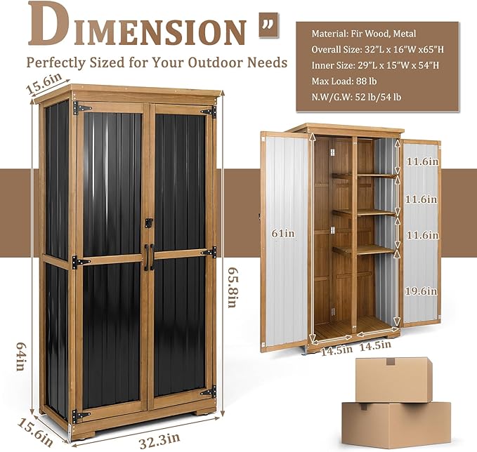 Outdoor Storage Cabinet, Wood & Metal Storage Shed with Weather-Resistant Roof, Removable Shelves, Lockable Doors, Outside Storage Tool Organizer for Garden, Patio, Backyard, Garage, Pool