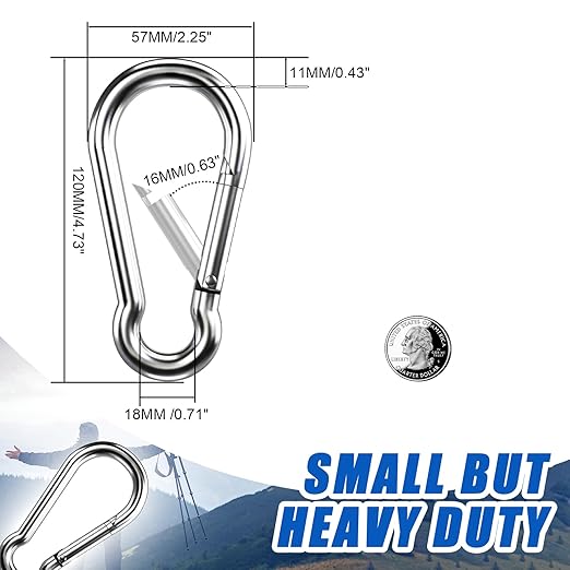 Large Carabiner Clip Hooks, 4pcs 4.7 inch Carabiners Heavy Duty, 304 Stainless Steel Spring Snap Hook Fits Camping Hanging Hiking Weight Lifting, Metal Clips for Rope or Chain