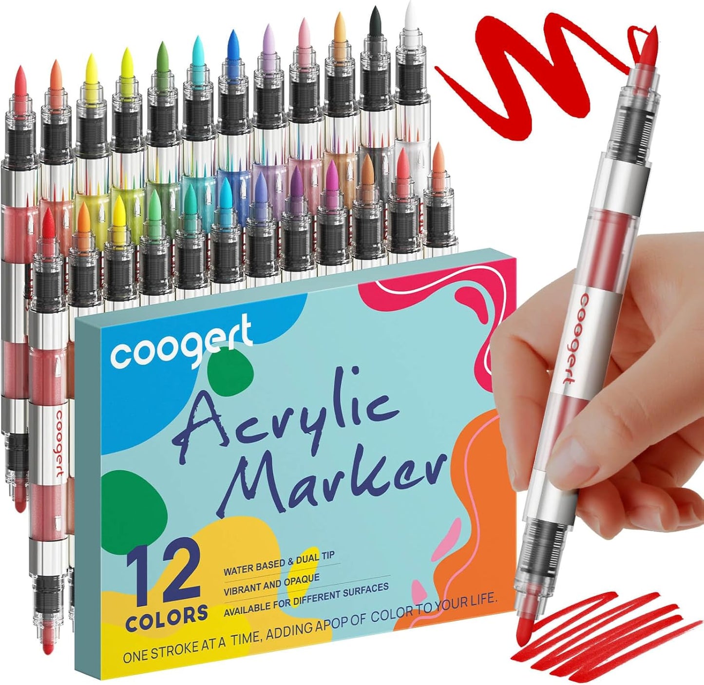 12 Automatic Ink Control Acrylic Paint Markers Dual Tip, No Bleed Brush Medium Tip Acrylic Paint Pens For Rock Painting, Wood, Fabric, Canvas, Glass, Plastic, Art Painting Supplies Kit