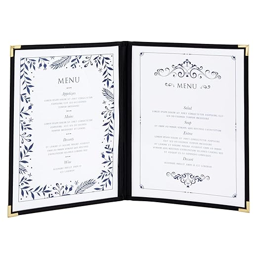 Juvale Clear Menu Covers 8x11 in 4 View - 12-Pack, Letter Size Black PU Leather - Double Panel Clear Sleeves & Gold Metal Corners - Menu Holders for Restaurants & Bars
