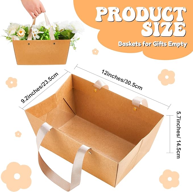 Tuanse 30 Pcs Basket for Gift Empty DIY Bulk Gift Basket Kit with Handle Kraft Cardboard Tray with 30 Bag 30 Bow Market Tray for Wedding Party(Brown,12.6 x 9.8 x 5.9 in)