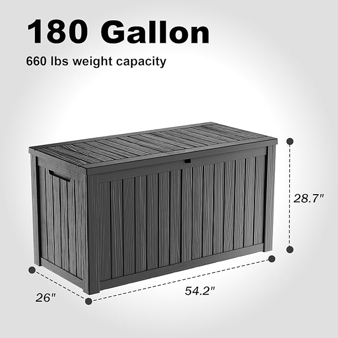 180 Gallon Waterproof Outdoor Storage Box, UV Resistant Resin Deck Box with Hydraulic Rod for Reinforced Stability, Perfect for Patio, Garden, and Pool（Black，180 Gallon）