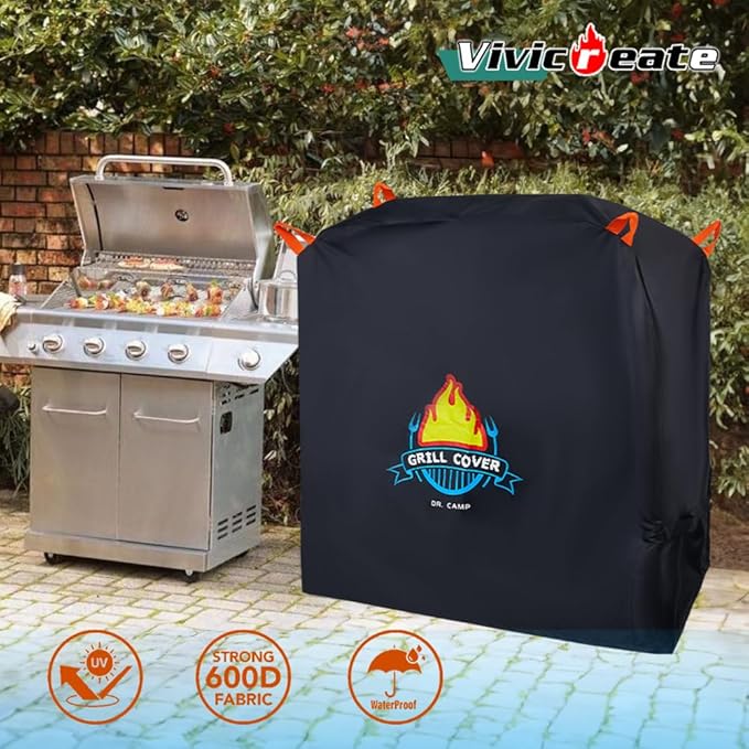 Vivicreate Waterproof BBQ Grill Cover 52 Inch Heavy Duty 420D Fabric Outdoor Barbecue Cover Weatherproof UV Protection Windproof Fits Weber Char-Broil Nexgrill Traeger Smoker Parrilla