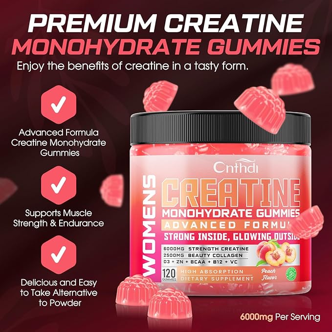 Creatine Gummies for Women, Sugar-Free Creatine Monohydrate with Collagen, BCAAs, Vitamin C & B12 for Muscles, Energy & Booty, Post Workout Supplements and Vegan Preworkout Gummies for Women
