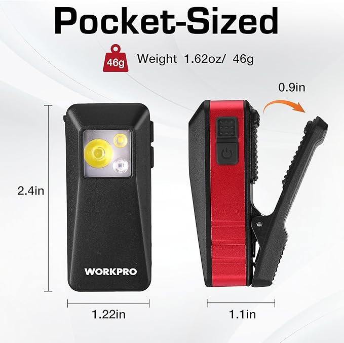 WORKPRO EDC Flashlight Clip-on Light, 500 Lumens Rechargeable Flashlight with Type-C, Magnetic Pocket Light for Working, Cycling, Signaling, Running, Camping, Red