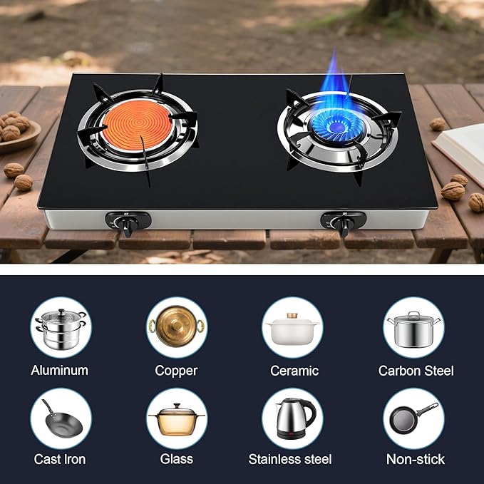 2 Burner Propane Gas Stove, 20472 BTU/h Portable Tempered Glass Camping Stove with Infrared and Blue Flame, Auto-Ignition, Portable BBQ Propane for Cooking, Outdoor, Camping, RV & Emergency Use