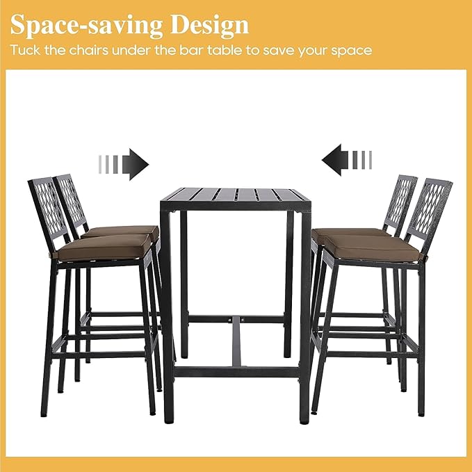 5-Piece Outdoor Patio Bar Set, Bar Height Patio Dining Set, Weather-Resistant Bistro Counter Pub Set with Cushions & Slatted Tabletop for Backyard, Garden, Yard
