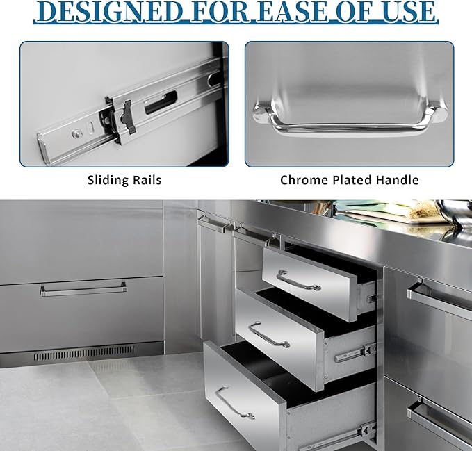 Outdoor Kitchen Drawers 18"Wx21"Hx23"D Flush Mount Access 3-Drawer BBQ Stainless Steel Drawers with Handle for Outdoor Kitchen Island or Grill Station