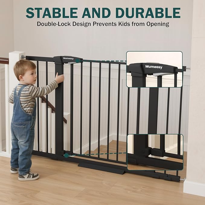 Mumeasy 36" Extra Tall Dog Gate, Auto Close Baby Gate for Stairs Doorways, 29.7-46" Wide Walk Thru Child Safety Gate for House, Easy Install Pressure Mounted Metal Pet Gate with Door, Black