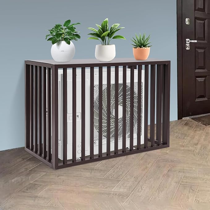 Air Conditioner Fence with Top Cover, 4 Panels 39.4 "L x 19.7 "W x 27.6" H Privacy Fence Panels for Outside, Freestanding Metal Trash Can Hider Outdoor, No-Dig Air Conditioner Sun Blocker Kit (Brown)