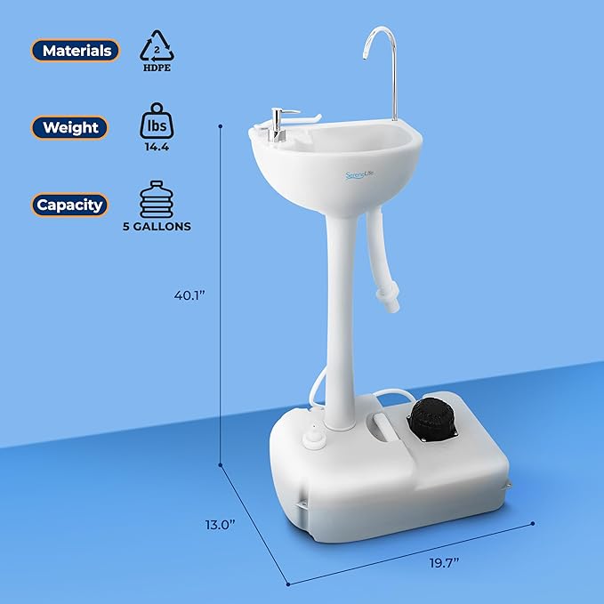 SereneLife Portable Hand Washing Station, 100+ Hand Washes, Hands-Free Foot Pump, Soap Dispenser, and Drain Hose, Ideal for Outdoor Events, Camping, Boating and Worksites