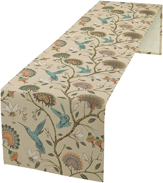 Floral Bird Table Runner,Vintage Boho Flower Birds Print William Morris Style Table Runner for Kitchen Dining Table Holiday Home Party Decor 13x60in