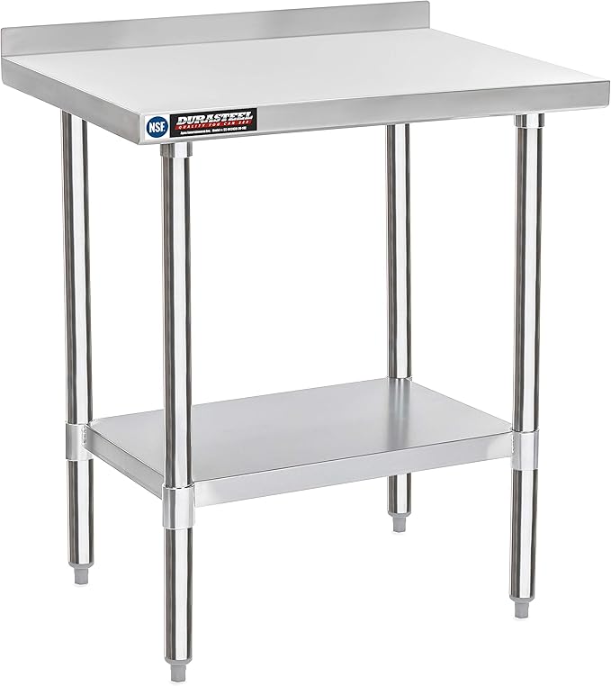 DuraSteel NSF Commercial Kitchen Table - 24 x 30 Inch Cooking Prep Stainless Steel Kitchen Island Workstation w/ Adjustable Under Shelf - Heavy Metal Backsplash Workbench For Restaurant, Home, Garage