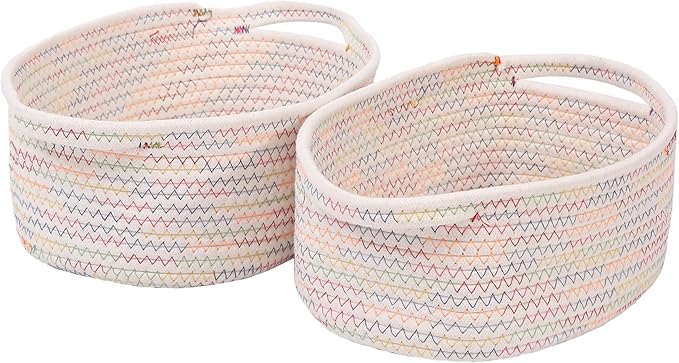 Woven Basket,Small Rope Storage Bin with Handles & Ribbon Bag, Organizer for Shelves Closets,Gift Basket Empty for Birthday,Books,Dog Toys, Colorful/2 Pack