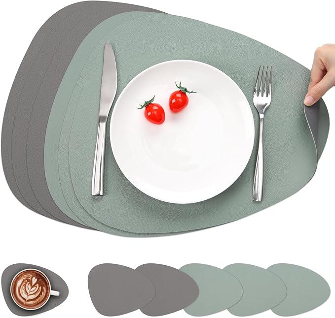 Myir JUN Placemats, Dual-Sided Placemats Waterproof Faux Leather Placemats Set of 6 Place Mats and Coasters Non-Slip Washable Table Mats for Dining Table (Gray Sage Green, Set of 6)