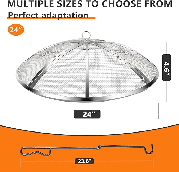 24 Inch Fire Pit Spark Screen,Stainless Steel Fire Pit Screen Cover with Handle&Poker,Outdoor Fire Pit Screen Cover Round Mesh Lid Heavy-Duty for Backyard/Beach/RV Camping