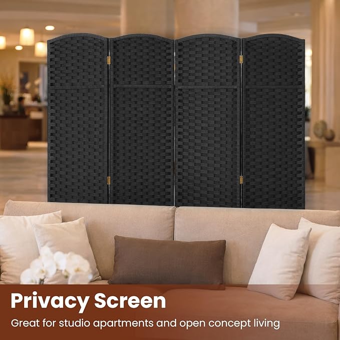 FDW Room Divider 4 Panel Screen 5.6 Ft Tall Partition Privacy Screens Folding Room Separation Free Standing Waterproof Wood Frame Wall Divider, Dark Black