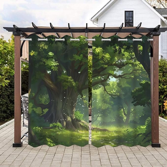 Nature Theme Waterproof Indoor/Outdoor Curtains,Forest Pattern,Privacy Weatherproof Grommet Outside Curtains for Porch, Pergola, Cabana,2 Panel,W54 x L96,Green