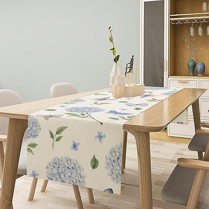 Spring Hydrangea Table Runner, Summer Moth Watercolor Sky Blue Butterfly Flowers Rustic Farmhouse Garden Print Table Cover for Kitchen Dining Room Table Home Party Decor,13x108inch
