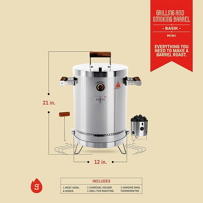 Charcoal Grills - Basic Mini 6 lbs - 3-in-1 Stainless Steel Ultra-Portable Charcoal Smoker for Outdoors, Camping and Home BBQ - Vertical Smoker Barrel Grill with Thermometer & Accessories