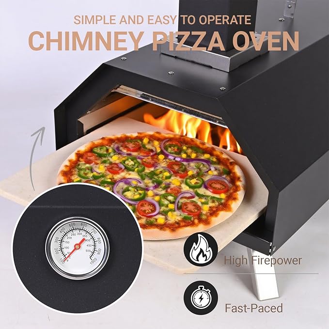Outdoor Wood Fired Pizza Oven - Portable 12" Pizza Maker with Thermometer, Gas Hose & Pizza Stone for Backyard or Camping