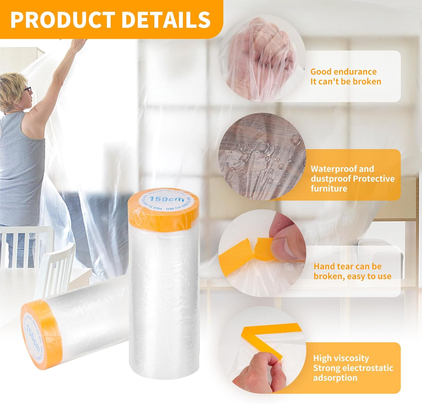 Pre-Taped Masking Film 4 Pack 59 in x 65 feet Rolls, Tape and Drape, Painters Plastic Drop Cloth for Automotive Painting Covering, House Decoration Furniture Floor Dustproof Cover