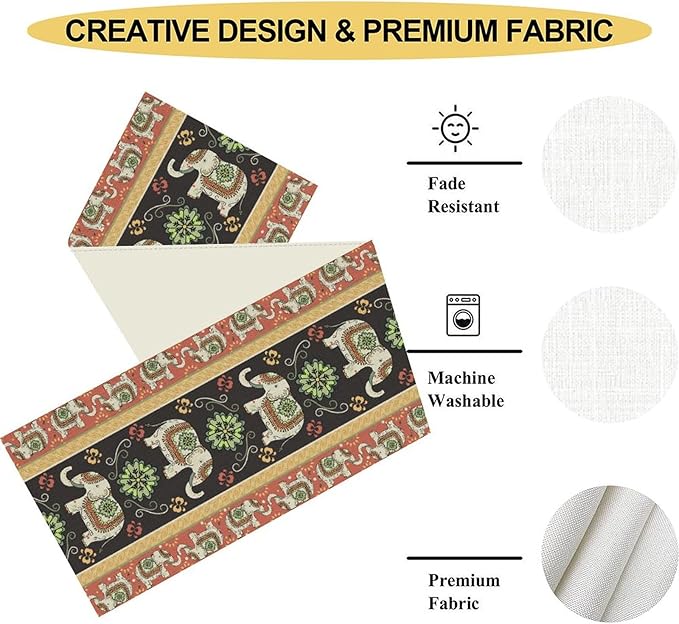 Boho Elephant Table Runner, Rustic African Tribe Indian Diwali Floral Ethnic Rustic Green Coffee Table Center Decor for Home Kitchen Dining Holiday Party Country Outdoor Table Decorations, 13"x90"