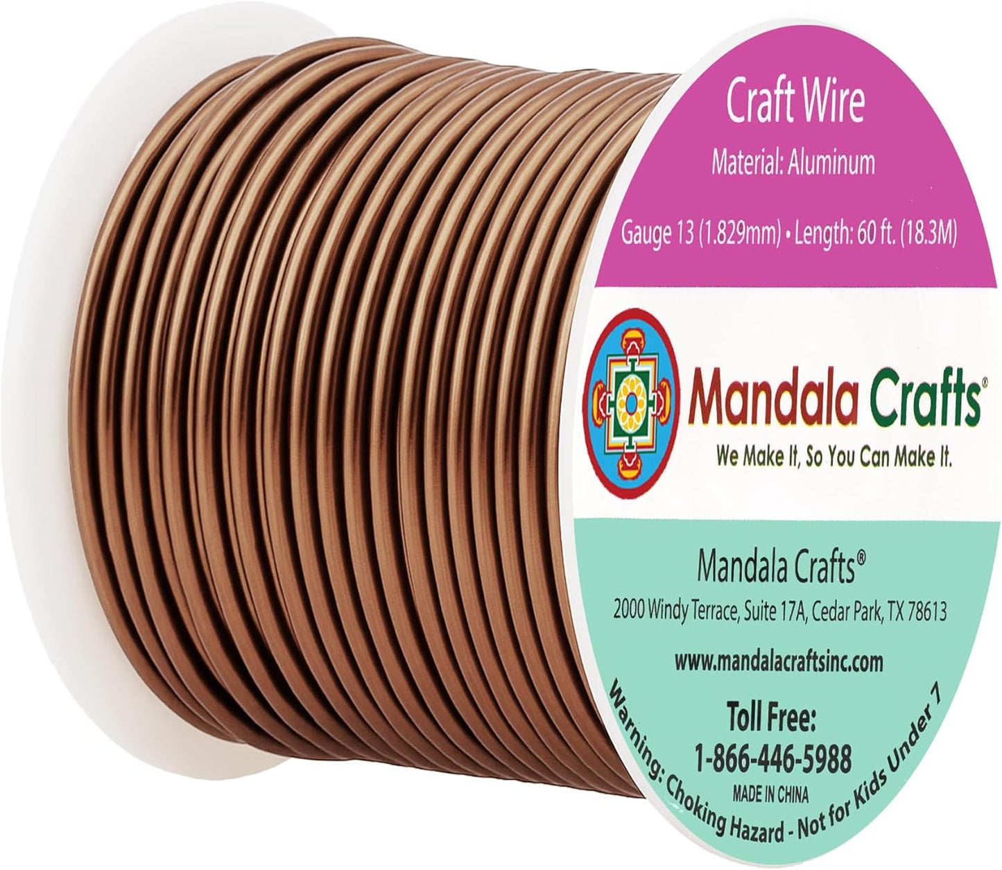 Mandala Crafts 13 Gauge Anodized Aluminum Craft Wire for Jewelry Making - 60 FT Colored Flexible Light Brown Wire - Bendable for Bonsai Armature Crafting Sculpting