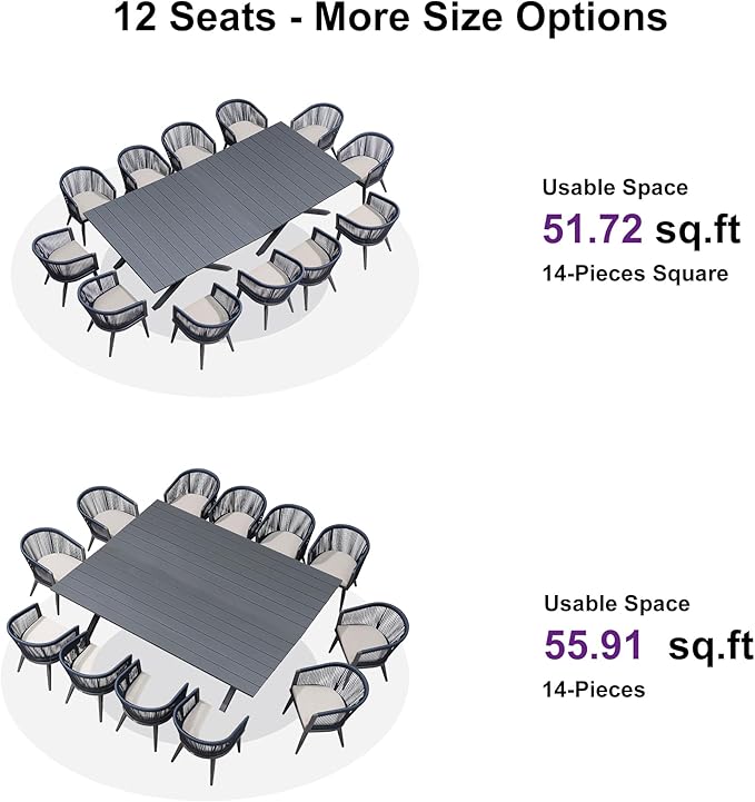 PURPLE LEAF Outdoor Dining Set for 12 All-Weather 14 Pieces Patio Aluminium Dining Large Table and Rope Weave Chairs Included Cushions for Backyard Deck Kitchen Modern Furniture Set Gray and Navy