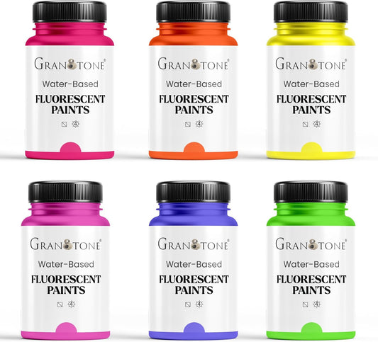 GRANOTONE Neon Fluorescent Acrylic Paint Set - 6 Colors, 4 oz Each | Glows in Black Light | Non-Toxic & Vibrant Paint | Ideal for Art, Crafts, Kids, & Hobbyists | Made in India