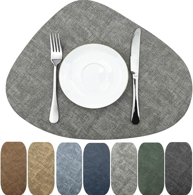 WAZAIGUR Washable Wipeable Waterproof Heat Resistant Faux Leather Placemats Set of 6,PU Palce Mats for Indoor and Outdoor,Easy to Clean Table Mats,Gray-White