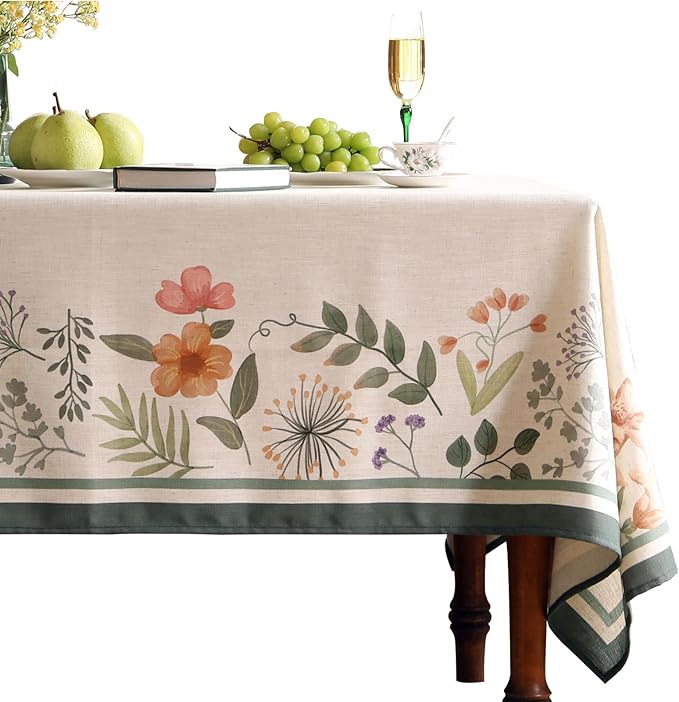 Beige Linen Rectangle Tablecloth,Vintage French Shabby Chic Floral Wrinkle Free Table Cloth,Decor Table Cover for Kitchen,Dining,Party,Home,Christmas,Thanksgiving,63"*87"-Manolya