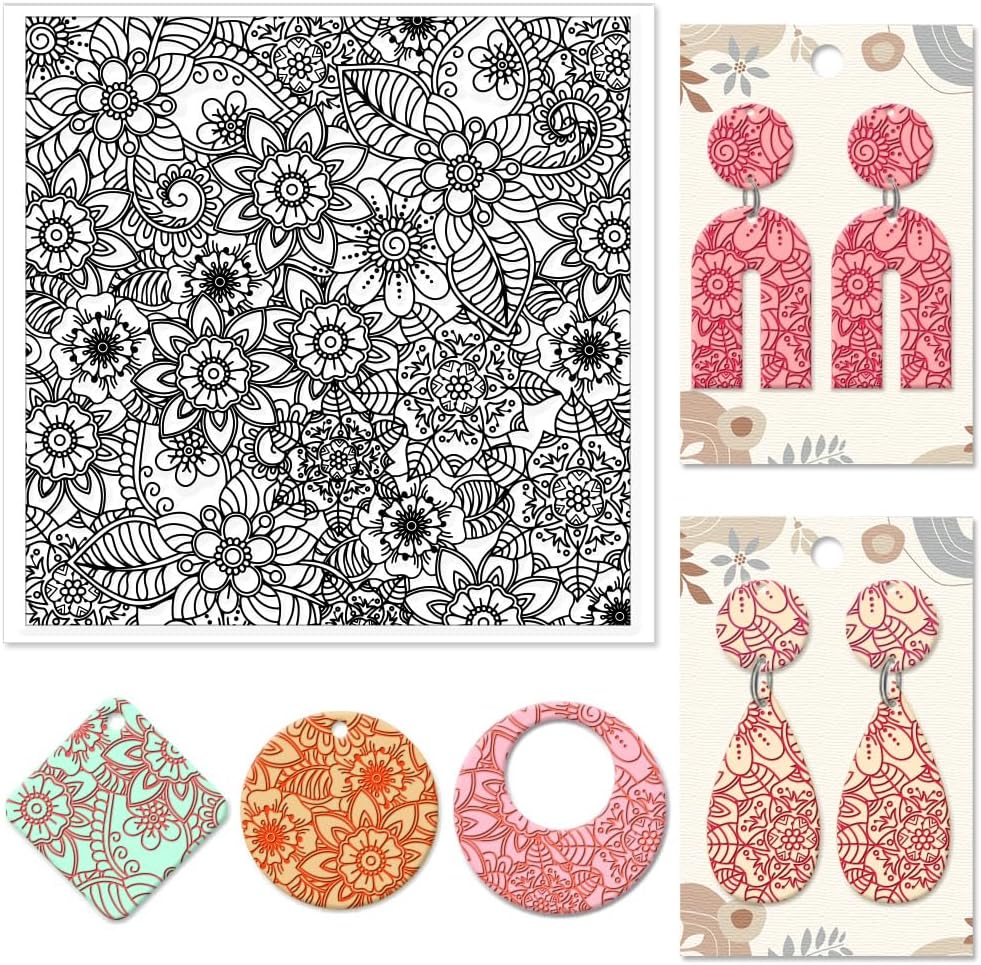 CHGCRAFT Abstract Flowers Geometric Flowers Silicone Texture Stamp Polymer Clay Molds DIY Clay Texture Tools for Clay Pottery Earring Jewelry Making Stamp Engraving Machines, Flower, 5.5x5.5inch