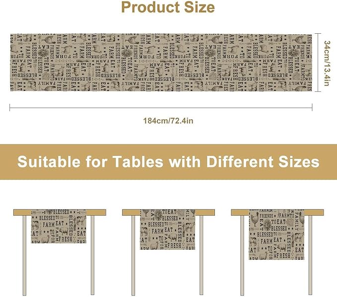 Farmhouse Animal Table Runner, Vintage Country Cow Chicken Sheep Pig Rustic Western Windmill Print Table Runner for Home Dining Kitchen Table Indoors Outdoors Party, 13x108inch