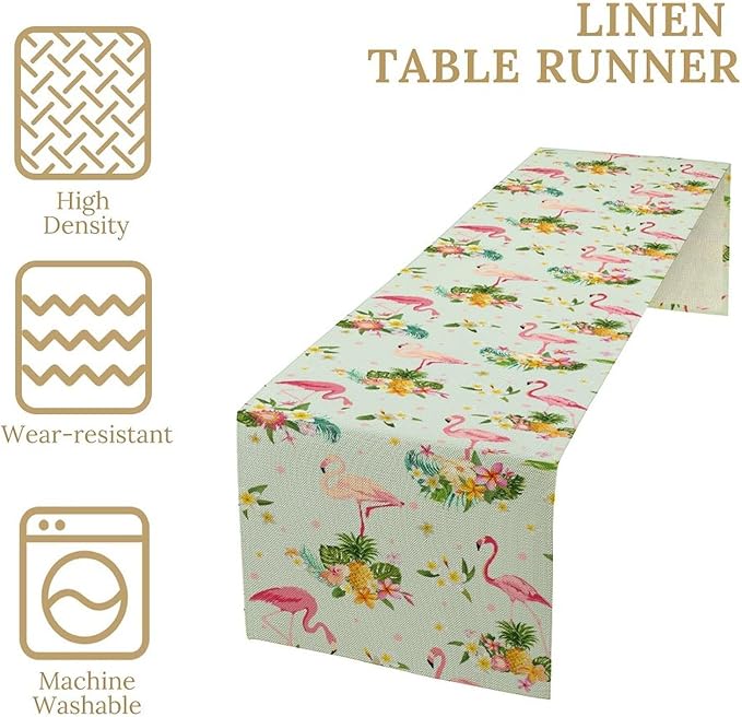 Tropical Flamingo Table Runner,Spring Summer Floral Dots Pineapples Hawaiian Luau Table Center Decor for Family Kitchen and Living Room Outdoor Farmhouse Party Table Decorations, 13"x108"