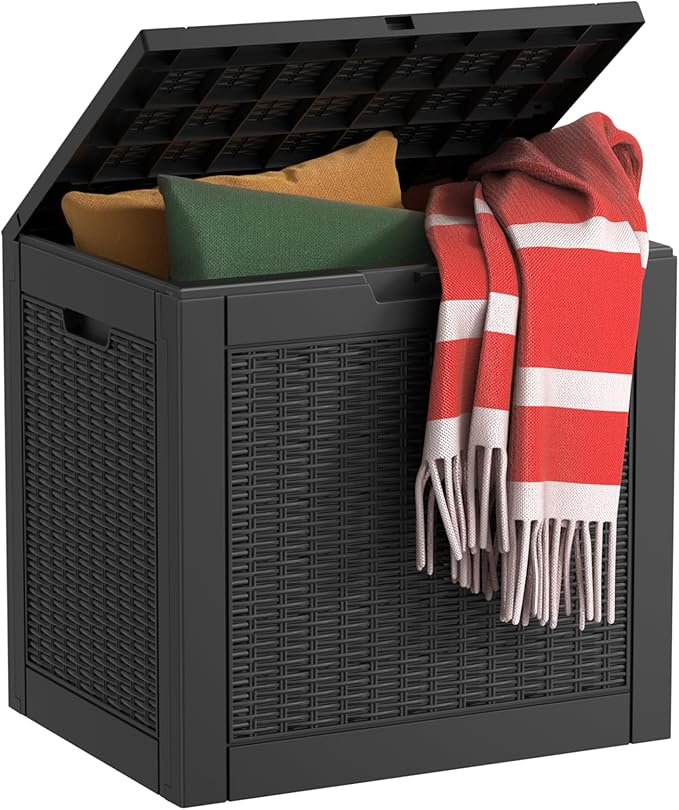 EasyUp 31 Gallon Resin Deck Box Waterproof, UV Resistant Outdoor Storage Box for Delivery, Patio, Garden,and Porch,Rattan Black